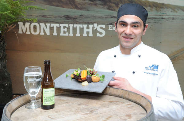 A winning dish &#8211; chef Kane Bambery with his winning dish and Monteith's cider.