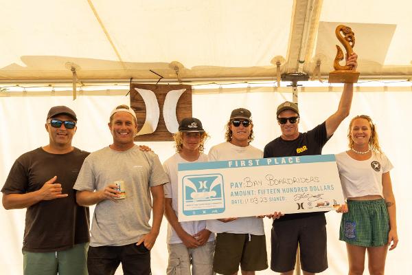 Mount Maunganui's Bay Boardriders Club - 2023 Champions.  From left to right - James Jacobs, Tim O'Connor, Tao Mouldey, Jack Hinton, Owen Barnes, Elin Tawharu.  Image courtesy of PhotoCPL.