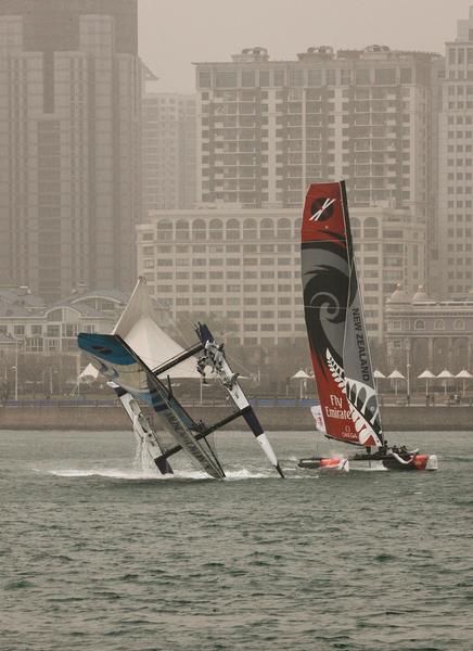 Yachts capsized as winds gusted to 30 knots on Day 3 of the Extreme 40 Series at Qingdao, China