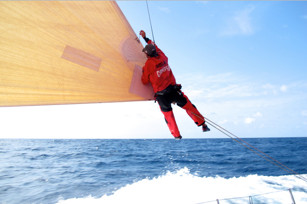 Bowman Daryl Wislang checks a sail on Day 11.