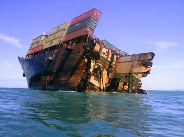 Shot of the Rena bow section remaining in place on Astrolabe Reef. 