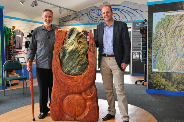 Michael Skerrit (l) and John Thorburn (r) with Manatu at the blessing ceremony at Dart River Jet Safaris in Glenorchy.