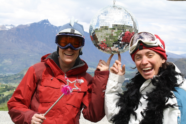 Gay Ski Week Queenstown organisers Mandy (left) and Sally Whitewoods prime up the mirror ball.