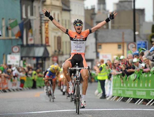 Poland's Marcin Bialoblocki celebrates the opening stage win in the An Post Ras Tour of Ireland at Kilkenny on May 20.