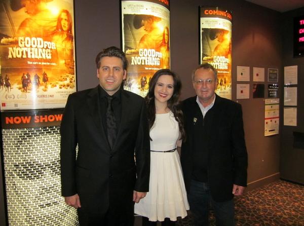 Queenstown 'Good for Nothing' premiere (L-R) Director Mike Wallis, lead actress Inge Rademeyer and Kingston Flyer owner David Bryce at Reading Cinema.