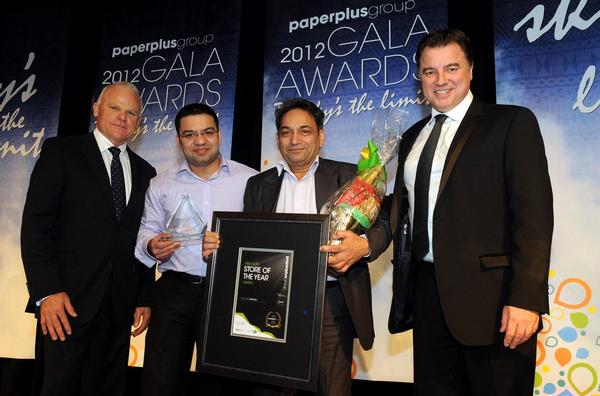 From left to right: Paper Plus Group Chief Executive, Rob Smith; Take Note Dinsdale owner-operators Gurpreet and Armajit Minhas; Paper Plus Group Retail Manager, Simon Harkness.  