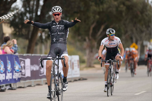 Roman van Uden crosses the finish line first in Stage 13 of the Tour of Murray River.