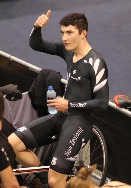 Dylan Kennett relaxes after his silver medal winning effort at the Junior World Track champs