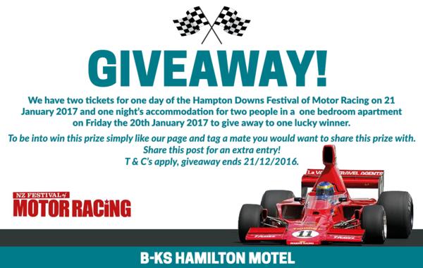 B-K's Motor Lodge of Hamilton has tickets to The New Zealand Festival of Motor Racing held at Hampton Downs