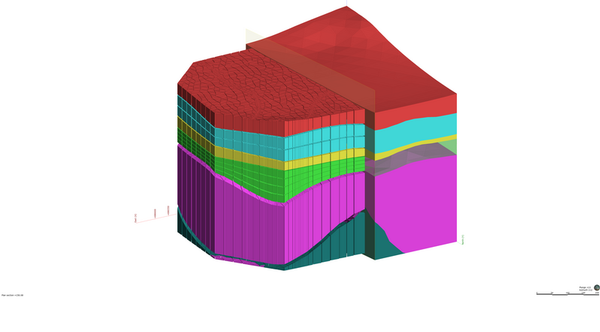 Geological model created in Leapfrog Hydro with FEFLOW simulation on left side.