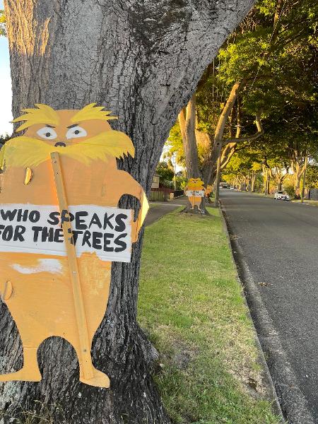 Signs painted by the community attached to trees earmarked to be removed