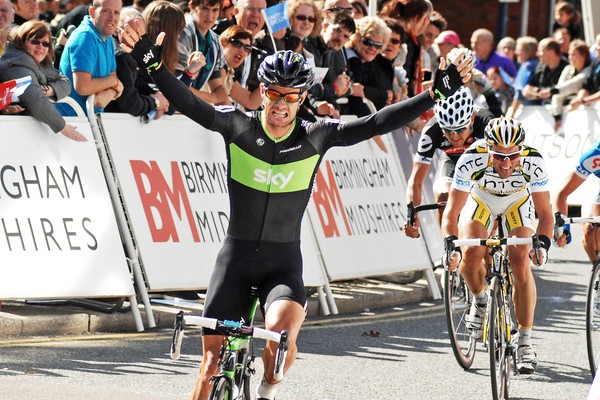 New Zealand's Greg Henderson powers to the line to win stage two of the Tour of Britain at Stoke-on-Trent today.