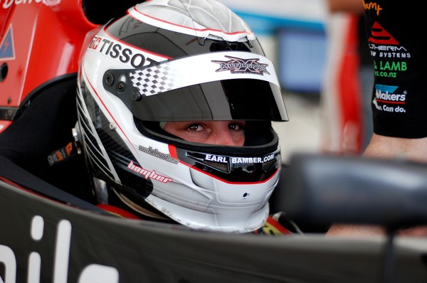 Picture of concentration: Earl Bamber's focus rewarded him with a third placed finish at today's opening race at the brand new Hampton Downs race circuit.