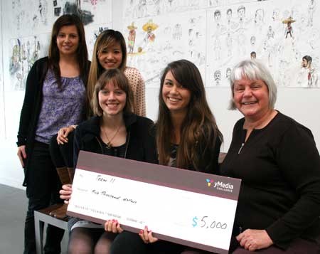 Holding a $5000 cheque are the Designasaurs &#8211; Rachael Mobberley, Karina Tedjapoernama, Olivia Mills and Josephine Ross &#8211; with Jenny Hammond, from Natural Health Practitioners NZ.