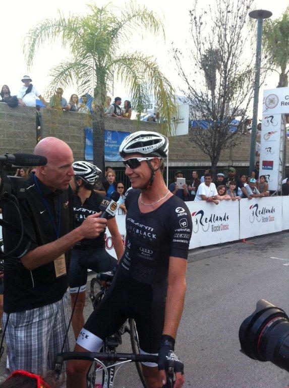 Roman van Uden from PureBlack Racing at the finish line of the Criterium at the Redlands Classic