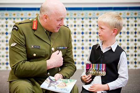 Chief of Defence Force Lt Gen Rhys Jones and Dylan Judson, great-grandson of Sgt Reginald Stanley Judson.