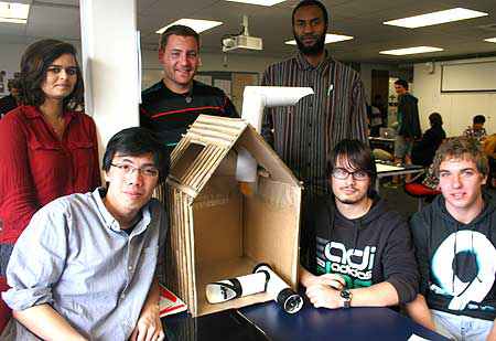 Rodrigo Chan Seng Chon, Stephanie Bickerstaff, William Janse van Rensburg, Naser Hawsah,  Radu-Christian Enache and Ryan Harrison with their home ventilation system using a simple  PVC pipe fitted to the roof.