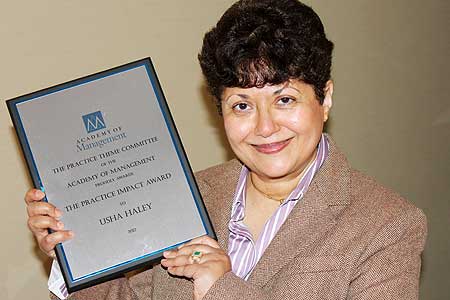 Professor Usha Haley from Massey University's College of Business with her award immediately after the Academy of Management awards ceremony in Boston.