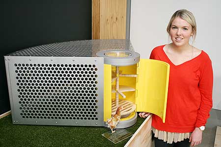 Industrial design student Stacey Kenny with her urban hen house.