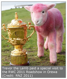 Trevor, the Lamb paid a special visit to the RWC Roadshow in Orewa. 